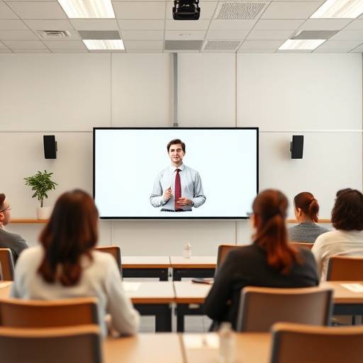 Zenith Academy classroom setup showing a virtual instructor on a large screen